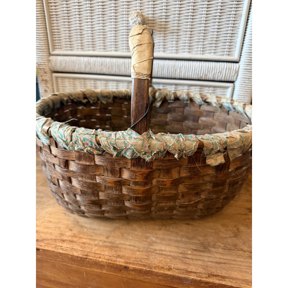 Antique Primitive Splint Gathering Basket Solid Carved Wood Bottom 19th C Patina